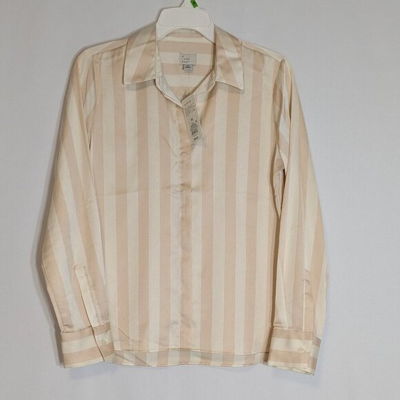 A NEW DAY White/Beige Striped Long Sleeve SATIN Button Top; Size XS - Picture 1 of 4
